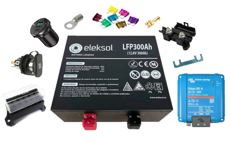 Kit de instalación ELEKSOL 300Ah Litio BMS/Bluetooth con booster VICTRON 50Ah para Ducato/Jumper/Boxer