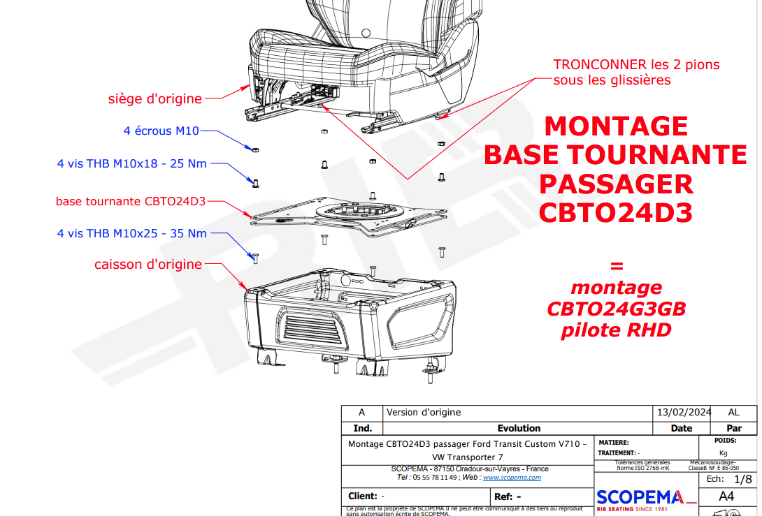 Base giratoria Ford Transit Custom V710/VW T7 (Copiloto)