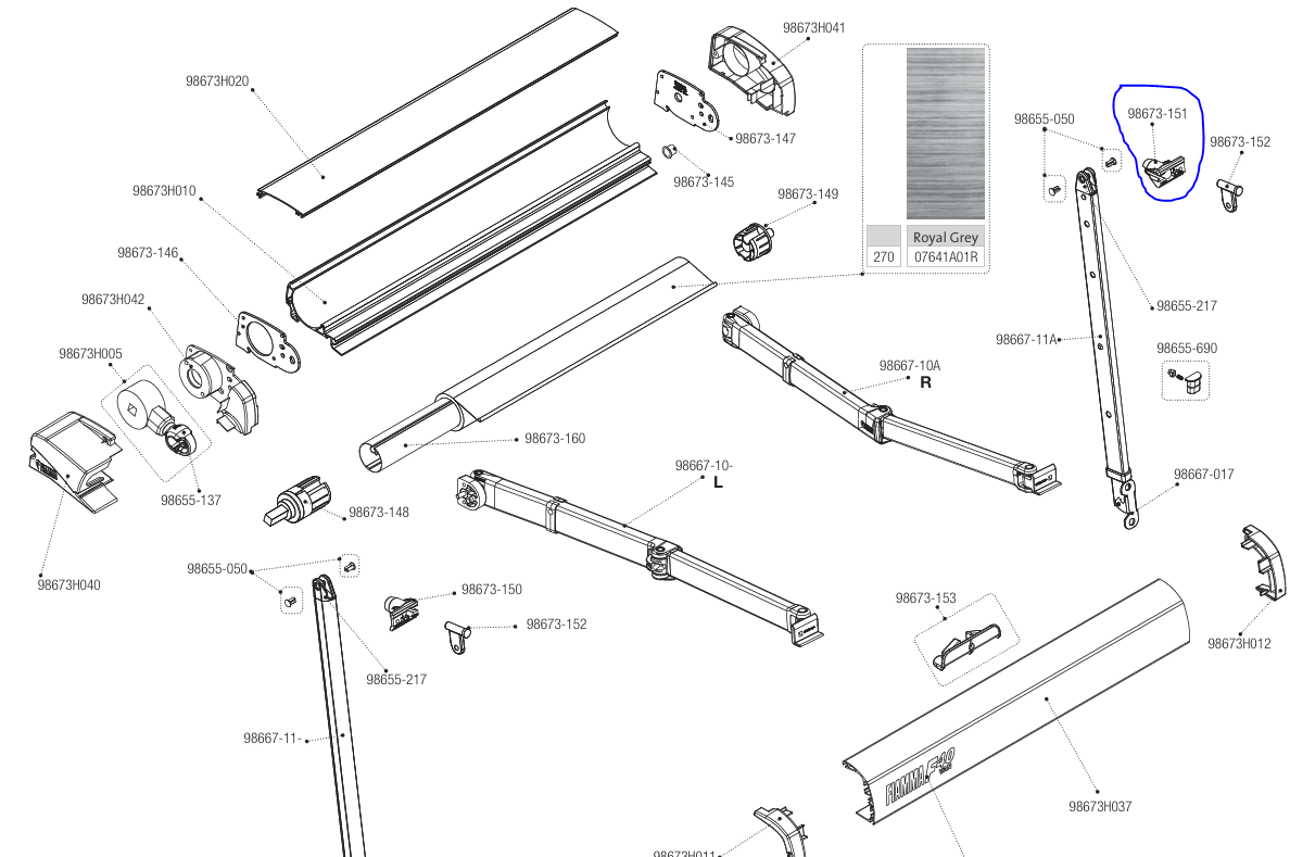 Replacement right foot support for awning F40 FIAMMA